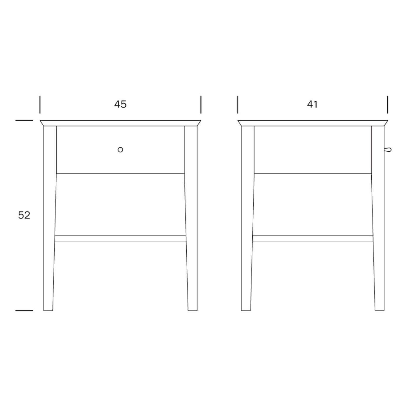 Stolik nocny drewniany KUUSAMO. Wymiary stolika nocnego z 1 szufladą i 1 półką z jasnego drewna brzozy skandynawskiej na rysunku technicznym