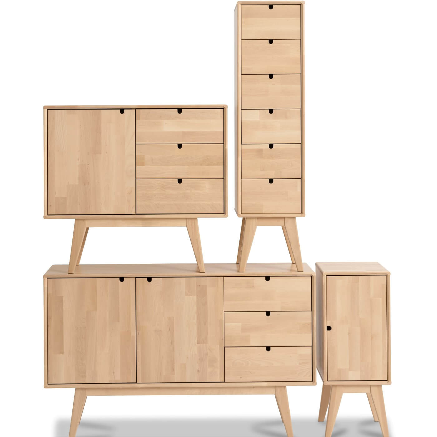 Szafki drewniane skandynawskie NOTTE. Aranżacja 4 drewnianych nowoczesnych szafek na wysokich nóżkach z kolekcji NOTTE