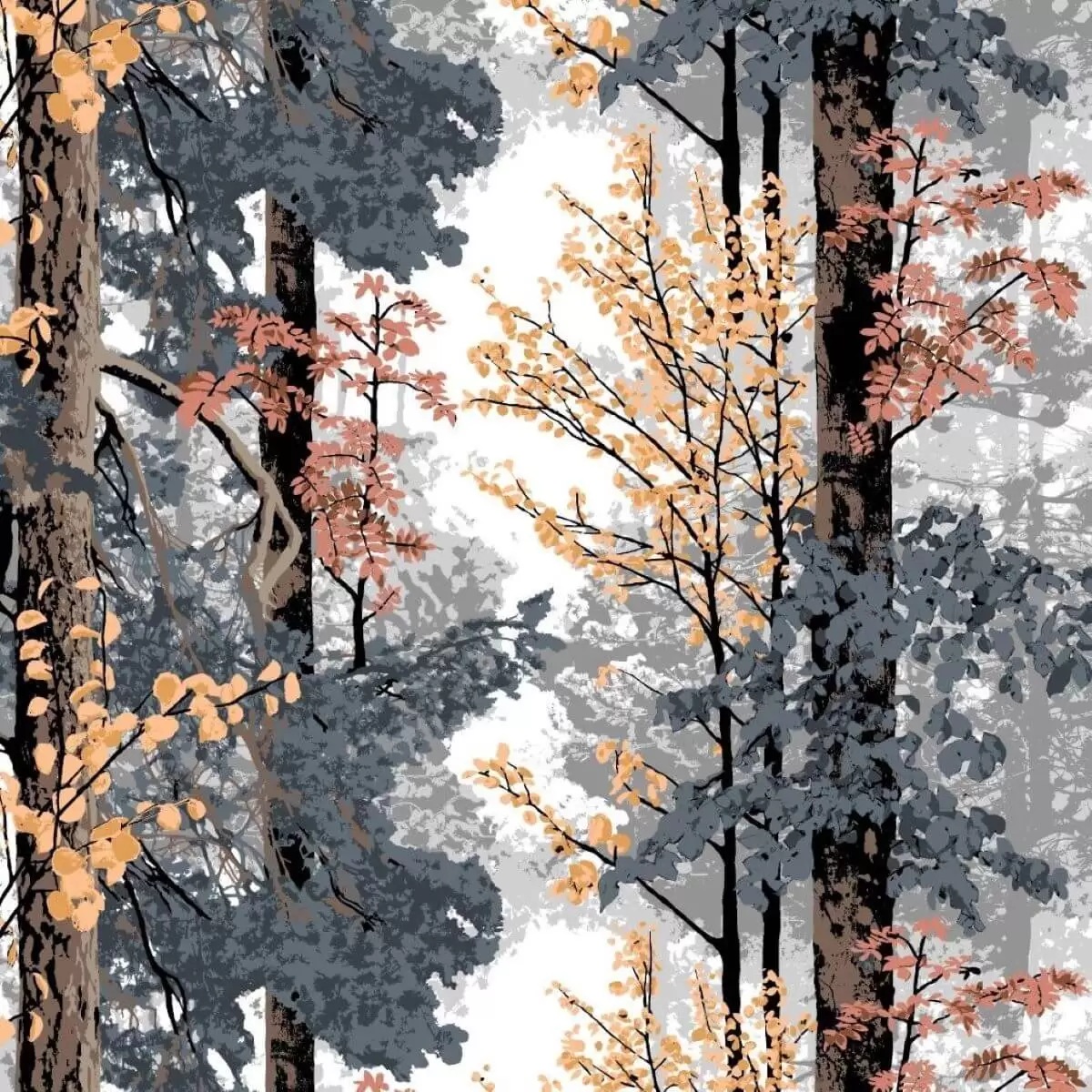 Pościel jesienna HARMONIA. Nowoczesny wzór w jesienne drzewa i liście o pięknej kolorystyce. Skandynawski design