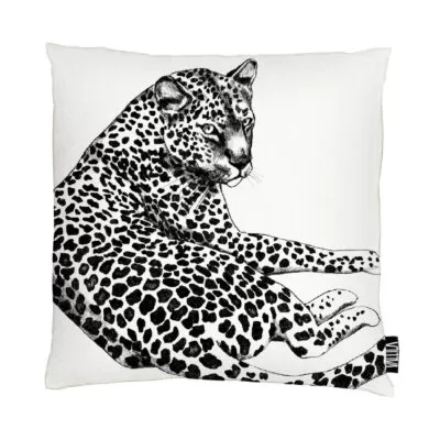 Poszewka dekoracyjna gepard i tygrys SIESTA. Dwustronna bawełniana poszewka na poduszkę z czarną postacią geparda na białym tle