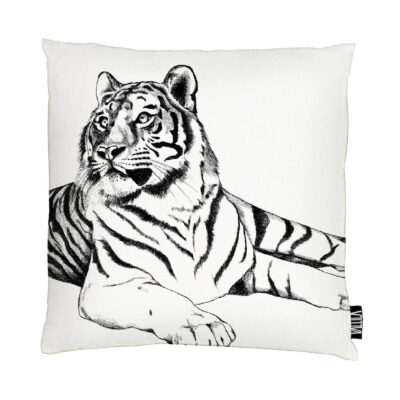 Poszewka dekoracyjna gepard i tygrys SIESTA. Poszewka na poduszkę bawełniana dwustronna z czarną sylwetką tygrysa na białym tle