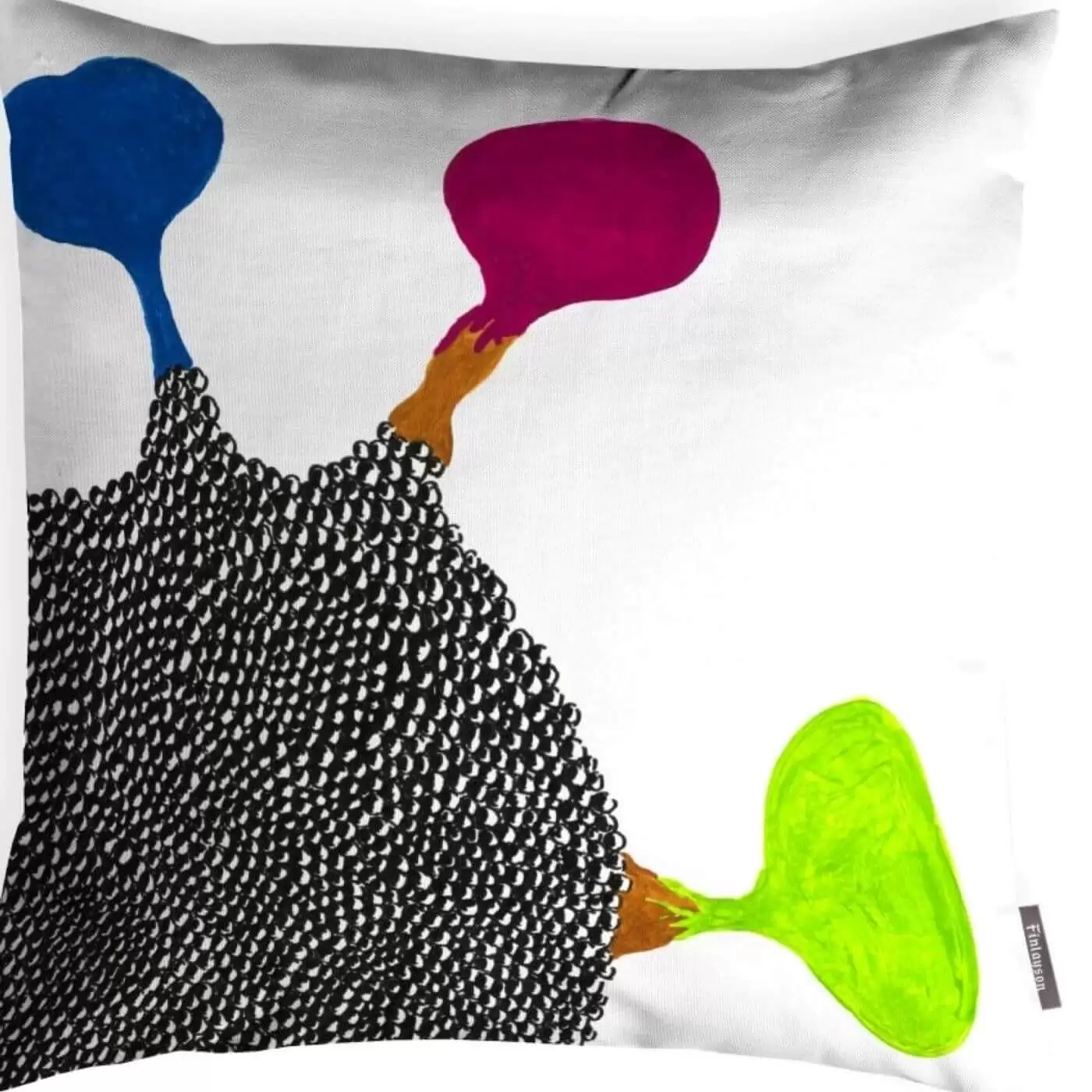 Poszewka dekoracyjna nowoczesna EMO. Widoczna w powiększeniu poszewka na poduszkę z grubej bawełny ze wzorem w kolorową futurystyczną plamę na białym tle. Skandynawskie wzornictwo