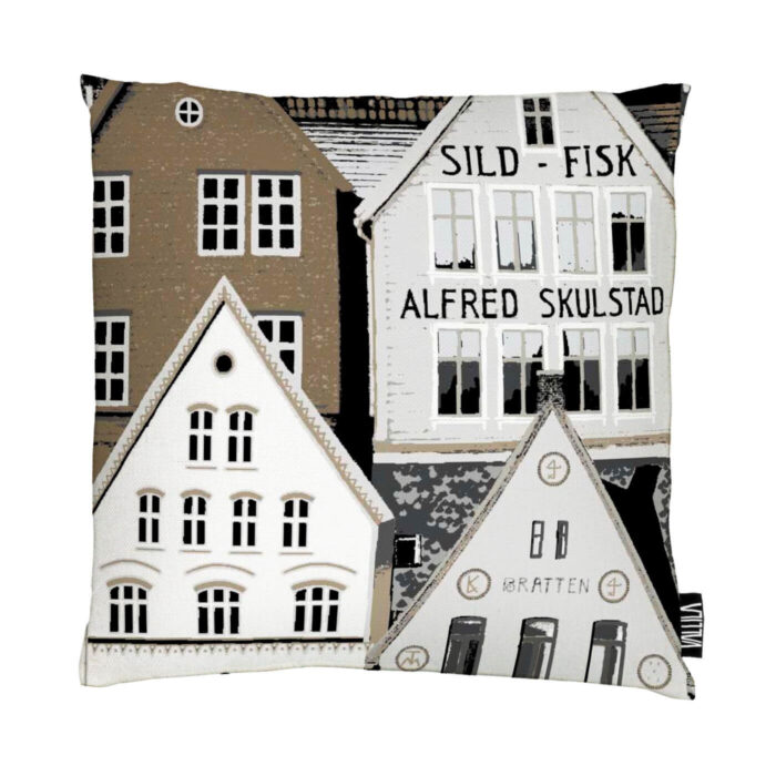 Poszewka dekoracyjna skandynawskie domy BERGEN na poduszkę. Wzór w odcieniach kolorów brązowo szarych w stare domy o stromych dachach