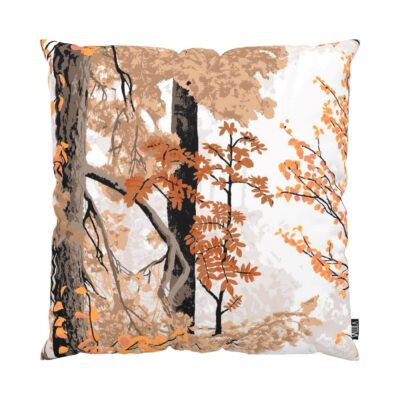 Poszewka jesienna HARMONIA dekoracyjna z bawełny na poduszkę pomarańczowa. Wzór w jesienne liście i drzewa. Skandynawski design