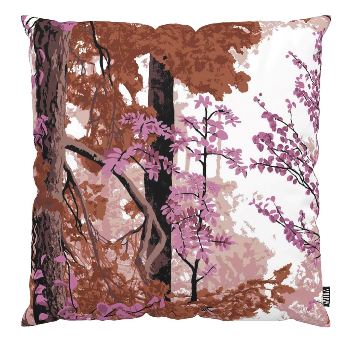 Poszewka jesienna HARMONIA z bawełny ozdobna na poduszkę w odcieniu purpury. Nowoczesny wzór w malowane jesienne liście i drzewa. Skandynawski design