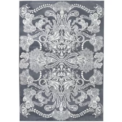Dywan szaro biały SYVÄMERI. Dekoracyjny dywan do salonu szary 140x200 o bogatej białej ornamentyce. Skandynawski design