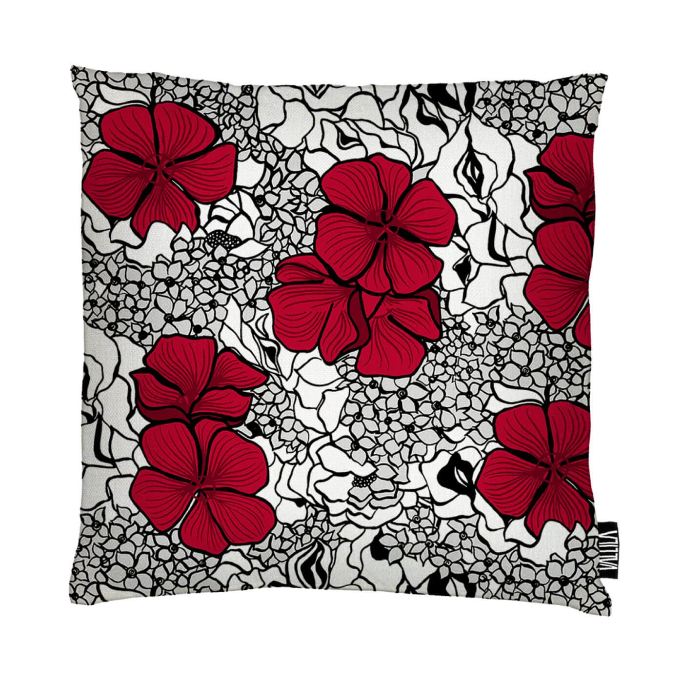 Poduszka dekoracyjna czerwone kwiaty ELLE. Widoczna w całości poduszka bawełniana 100 % w graficzny wzór w splecione eleganckie czerwone i drobne szare kwiaty na białym tle. Skandynawski nowoczesny design