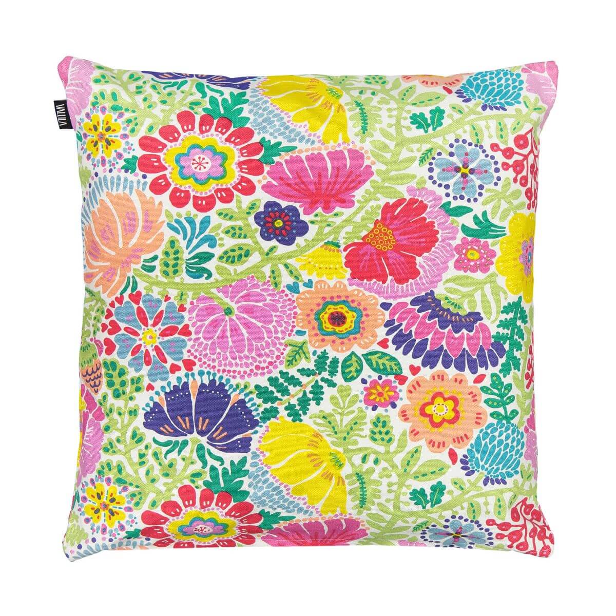 Poduszka dekoracyjna kolorowa w kwiaty HELKA. Widoczna w całości skandynawska bawełniana poduszka folkowa kolorowe kwiaty
