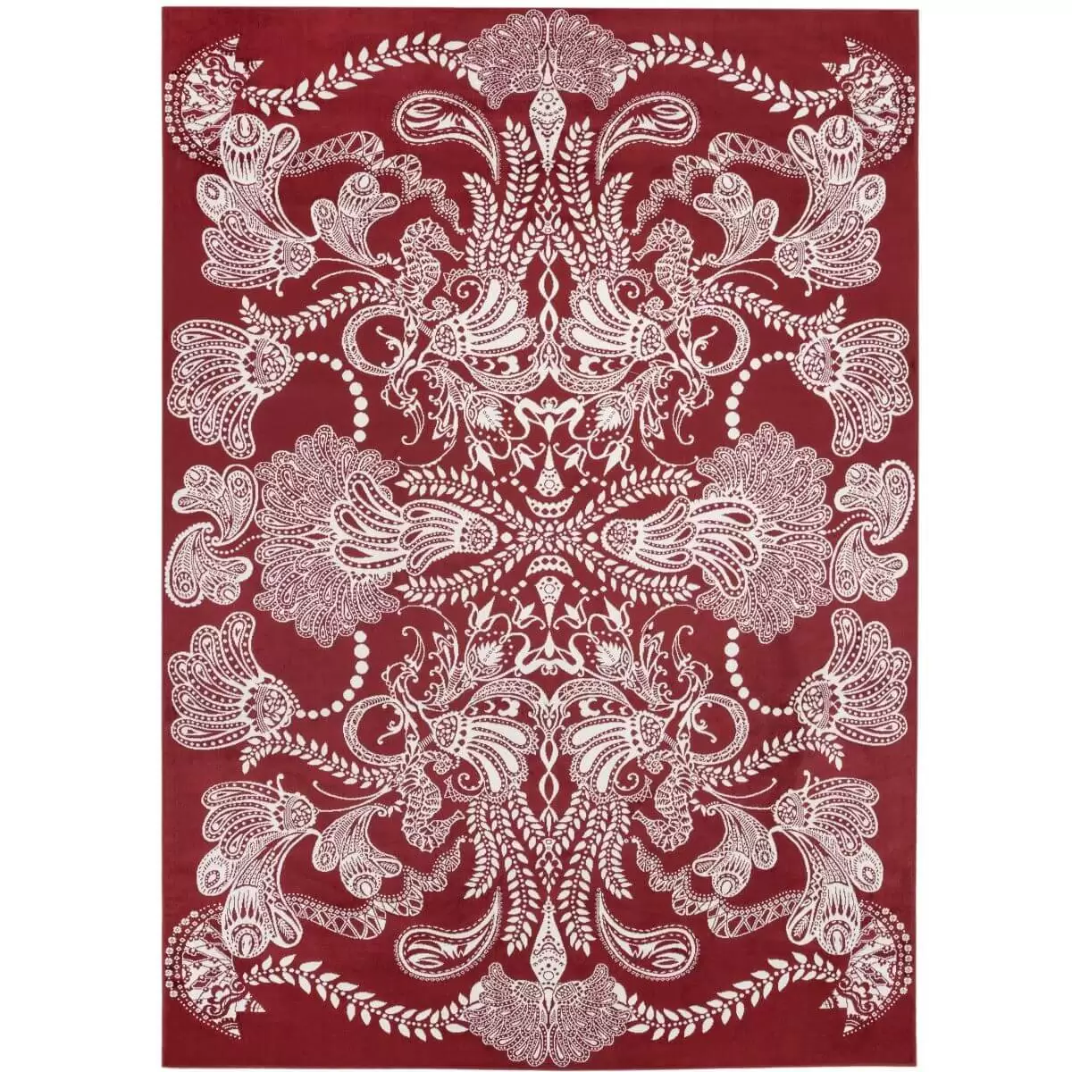 Stylowy dywan SYVÄMARI. Dekoracyjny duży dywan stylowy 140x200 do salonu o bogatej białym wzorze ornament na czerwonym tle. Skandynawskie wzornictwo