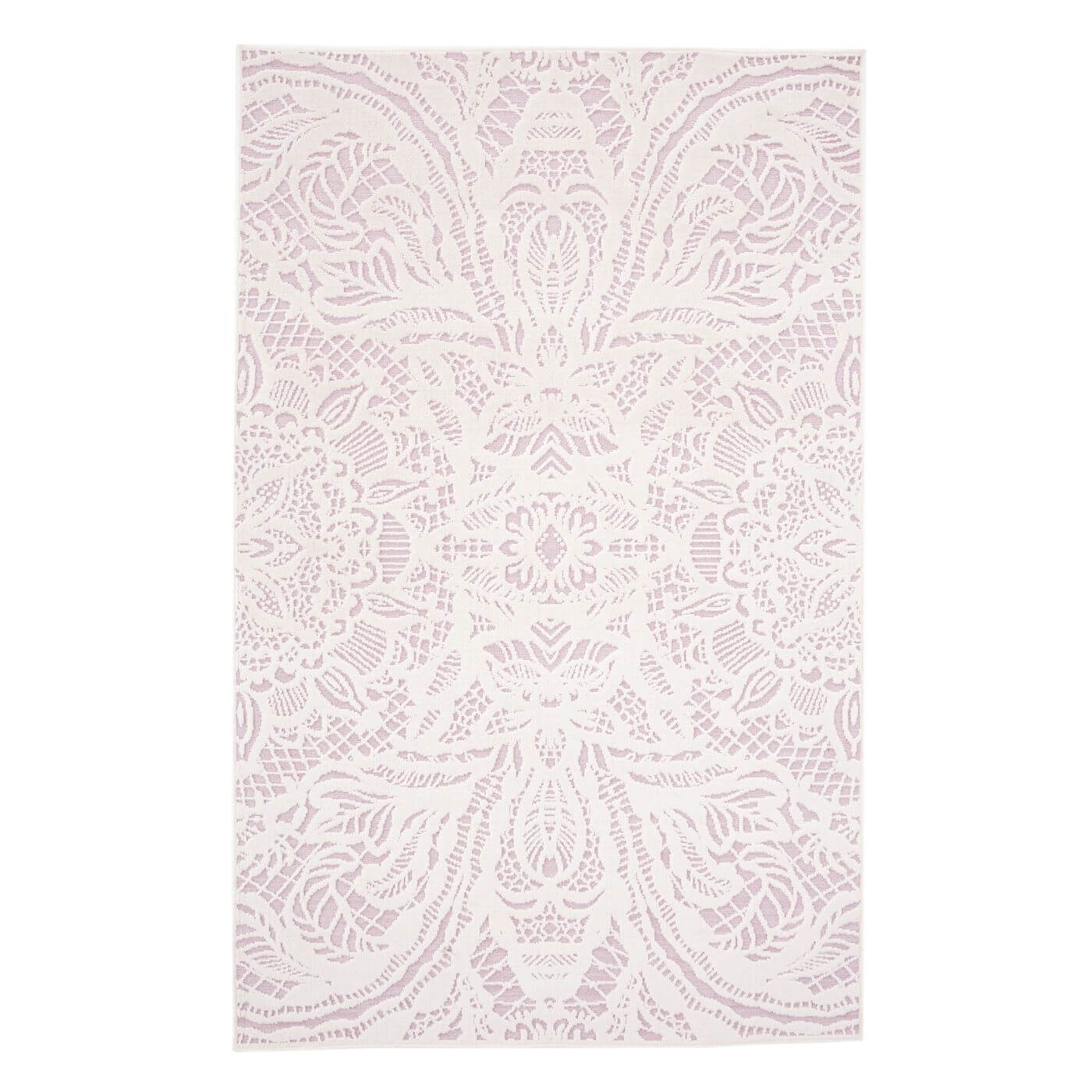 Dywanik biało różowy ALEKSANDRA. Dekoracyjny stylowy różowy dywanik w biały wzór jak koronka. Cienki dywanik do sypialni lub salonu widoczny w całości