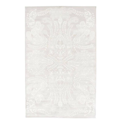 Dywanik dekoracyjny beżowy SYVÄMERI. Dekoracyjny z białym stylowym wzorem beżowy dywanik z wiskozy z połyskiem do sypialni lub salonu. Skandynawski design
