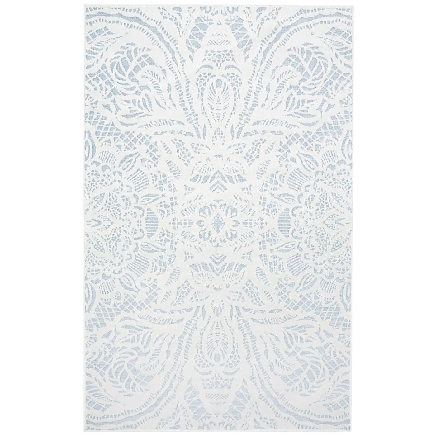 Dywanik jasny do sypialni ALEKSANDRA. Dekoracyjny jasno niebieski dywanik w biały wzór 3d jak koronka. Cienki mały dywanik do sypialni widoczny w całości