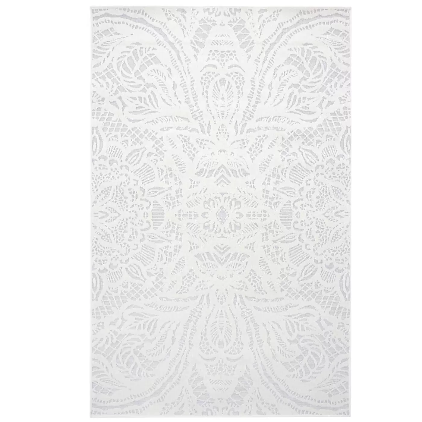 Dywanik jasny do sypialni ALEKSANDRA. Mały dekoracyjny srebrny dywanik w biały wzór 3d jak koronka. Cienki nowoczesny dywanik do sypialni widoczny w całości