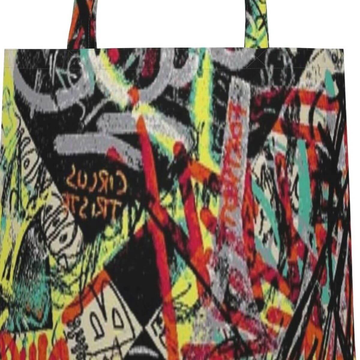 Torba bawełniana młodzieżowa grafiti TAVASTIA. Fragment torby na zakupy typu shopper w kolorowy wzór. Skandynawski nowoczesny design
